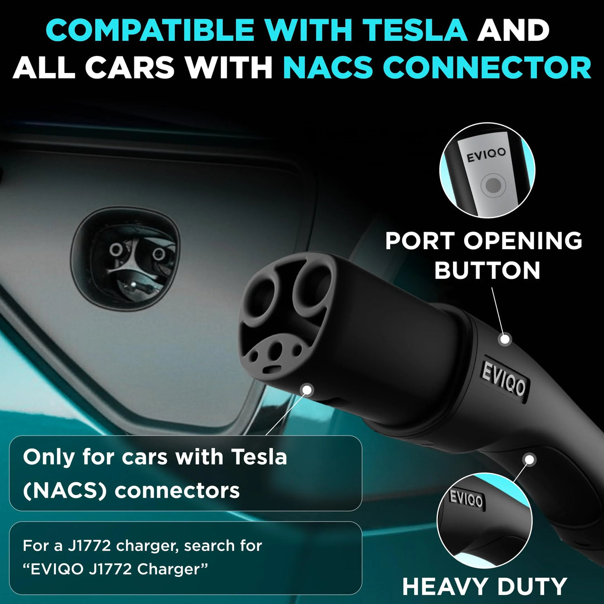 EVIQO NACS Level 2 EV charger for Tesla, 48A, 240V, hardwired, designed for fast electric vehicle charging.
