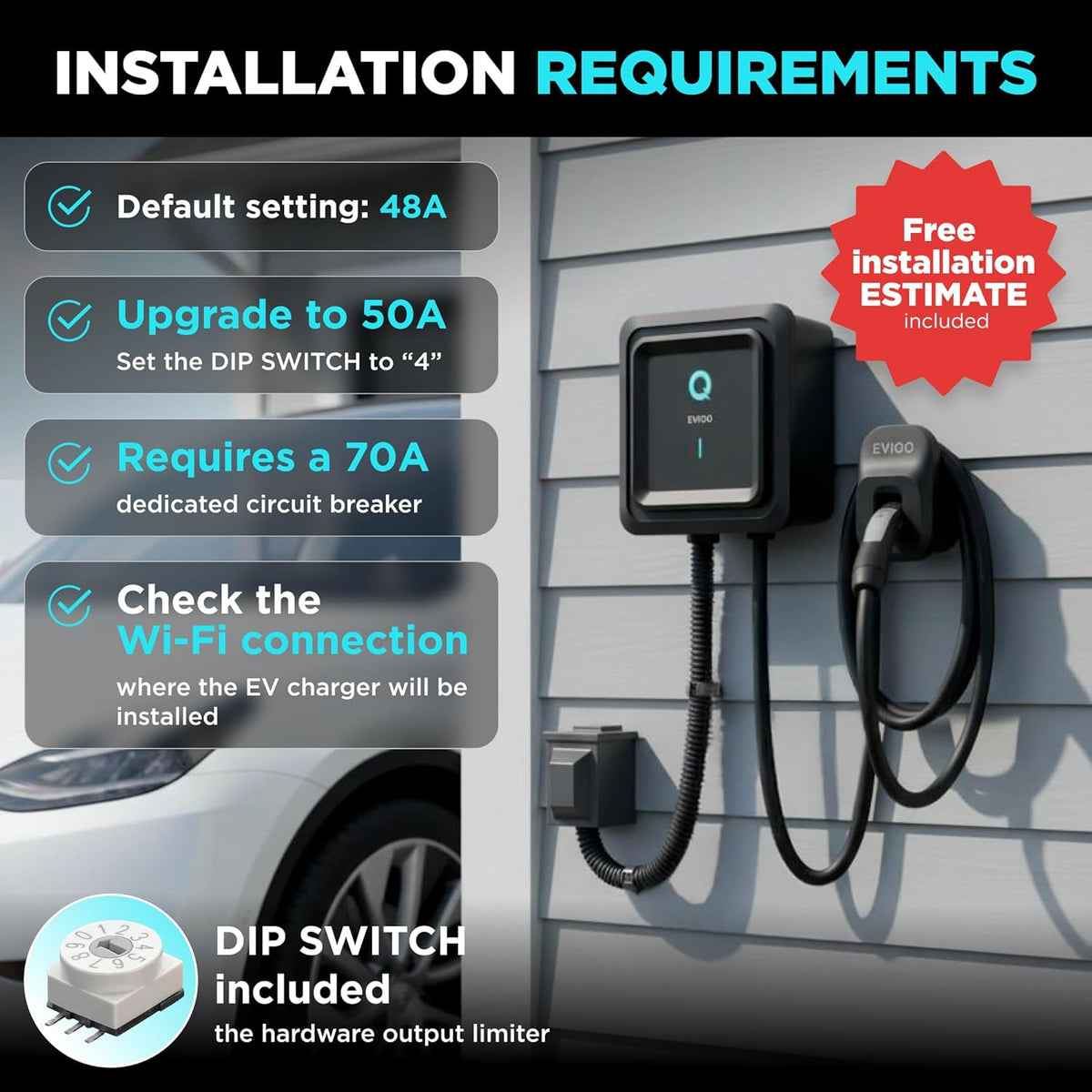 EVIQO NACS Level 2 EV Charger for Tesla, 48A, 240V, hardwired, with sleek design and charging cable attached.