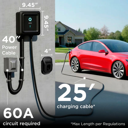 EVIQO NACS Level 2 EV Charger for Tesla, 48A, 240V hardwired charging station with NACS connector.