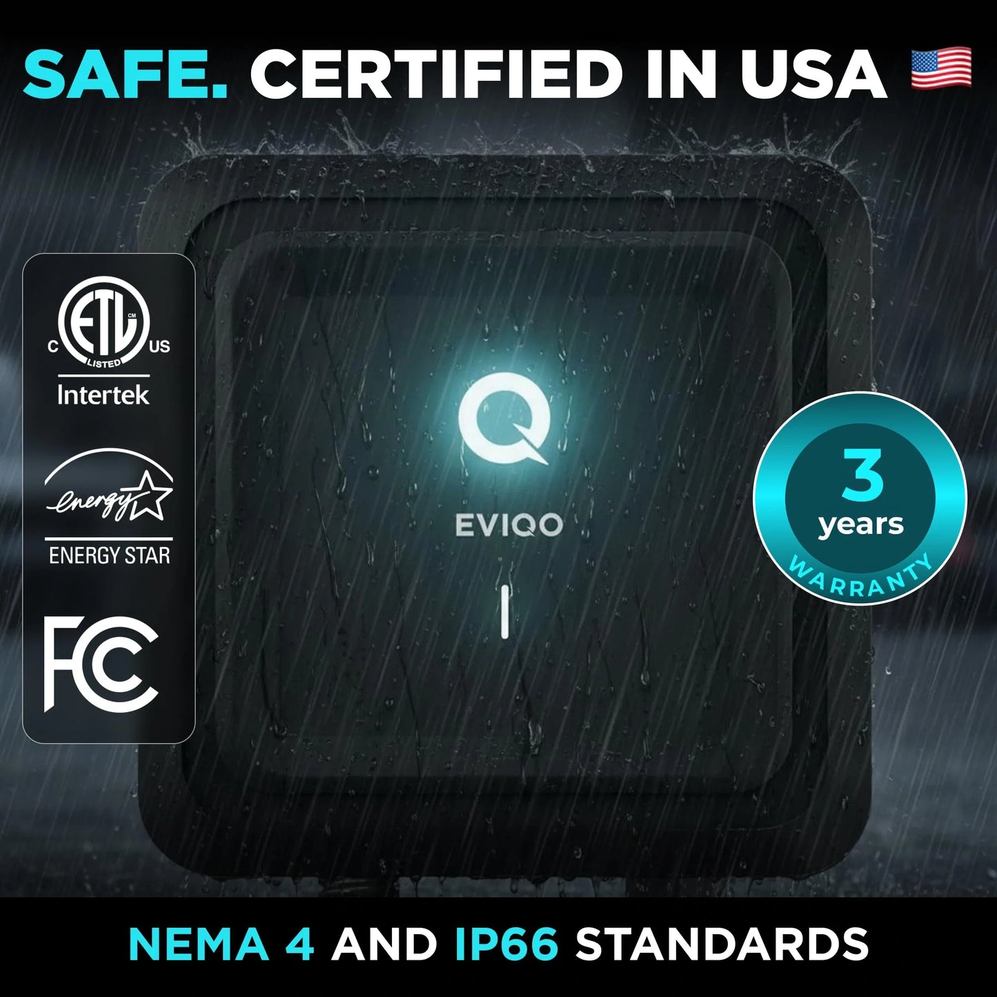 EVIQO NACS Level 2 EV Charger for Tesla, 48A, 240V, hardwired, with NACS connector for electric vehicle charging.