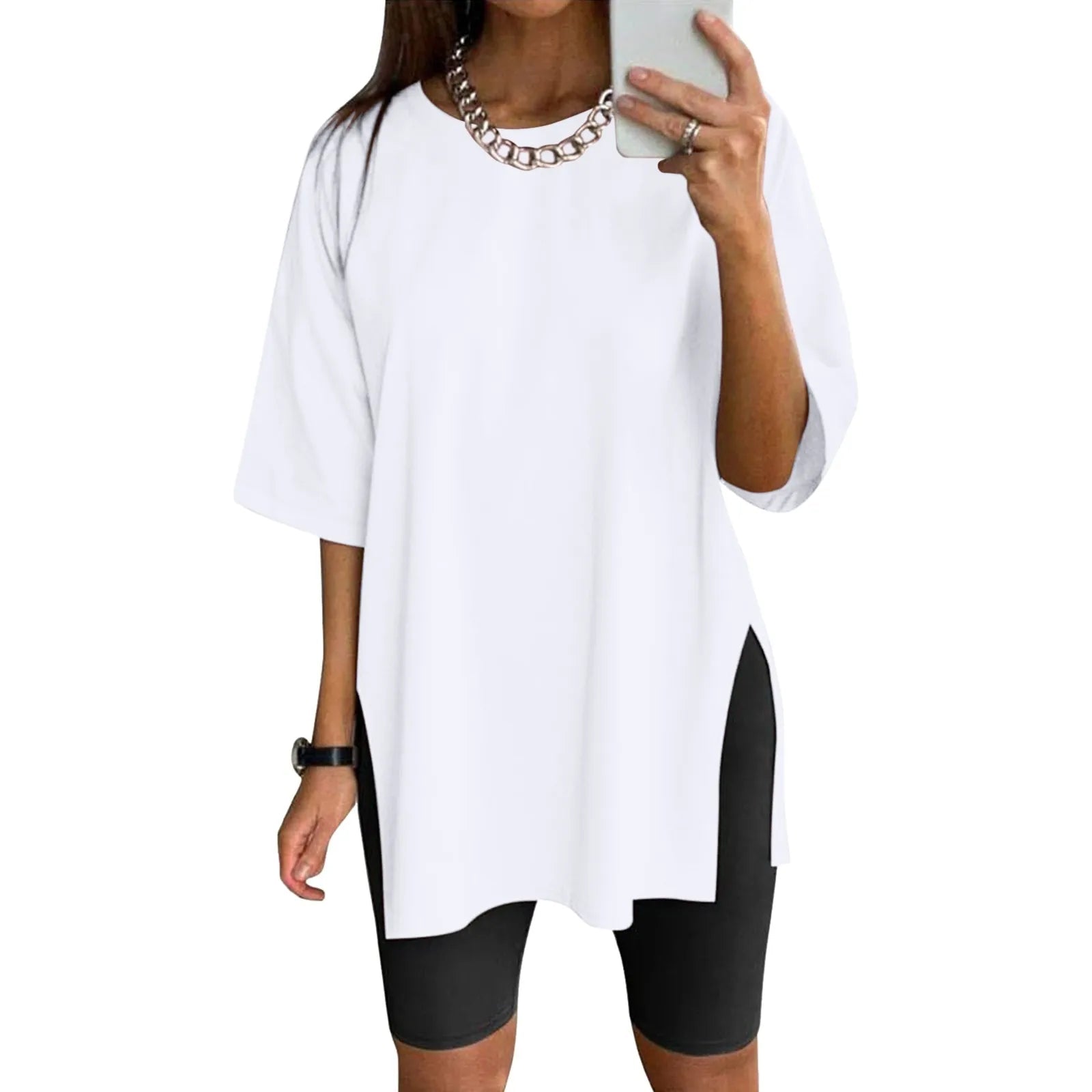 Extra Long Tops Women Oversize Sports Short Sleeve Blouses Summer Loose Tops Crew Neck Solid Large Size Side Split Pullover - BACKUPMYFILESNOW