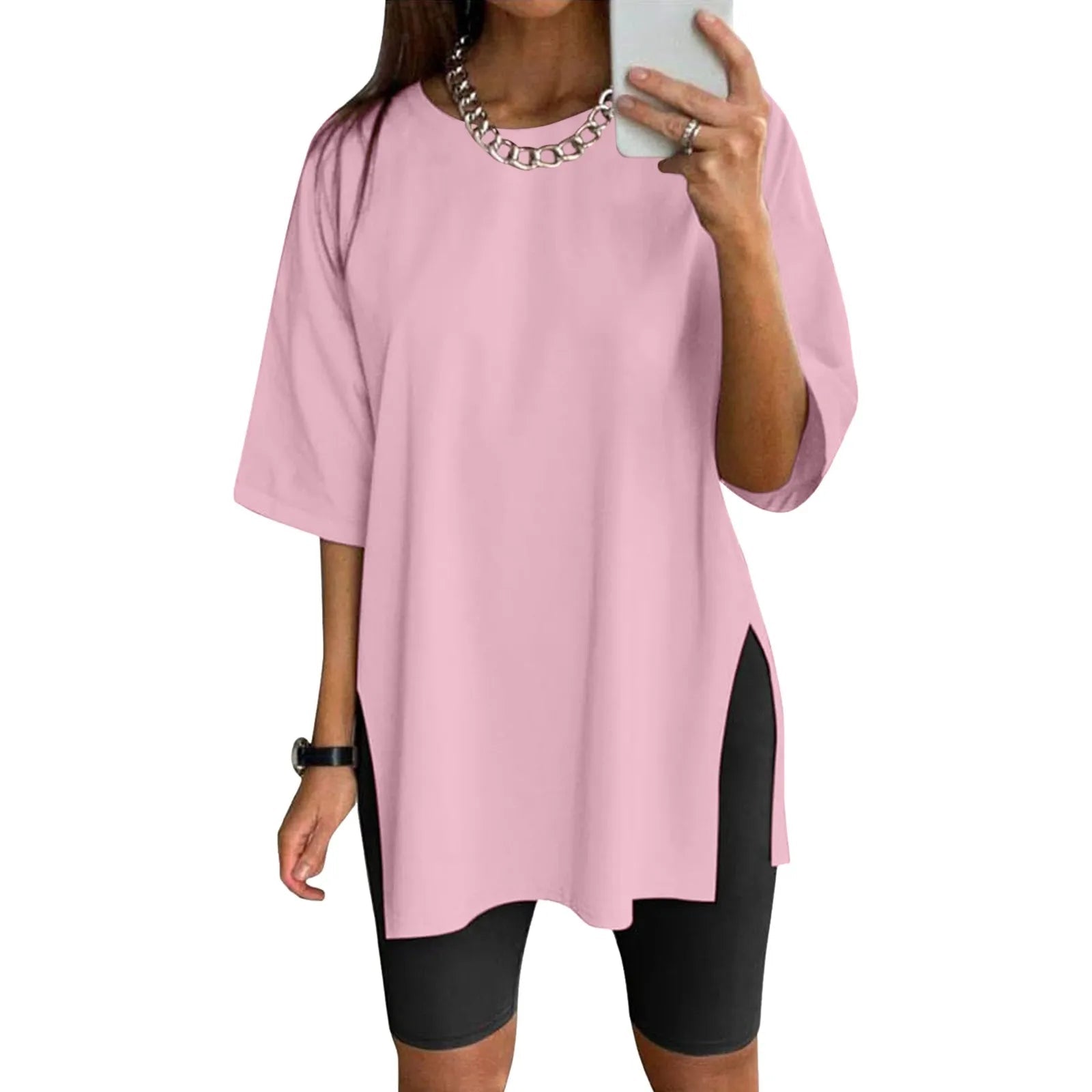 Extra Long Tops Women Oversize Sports Short Sleeve Blouses Summer Loose Tops Crew Neck Solid Large Size Side Split Pullover - BACKUPMYFILESNOW