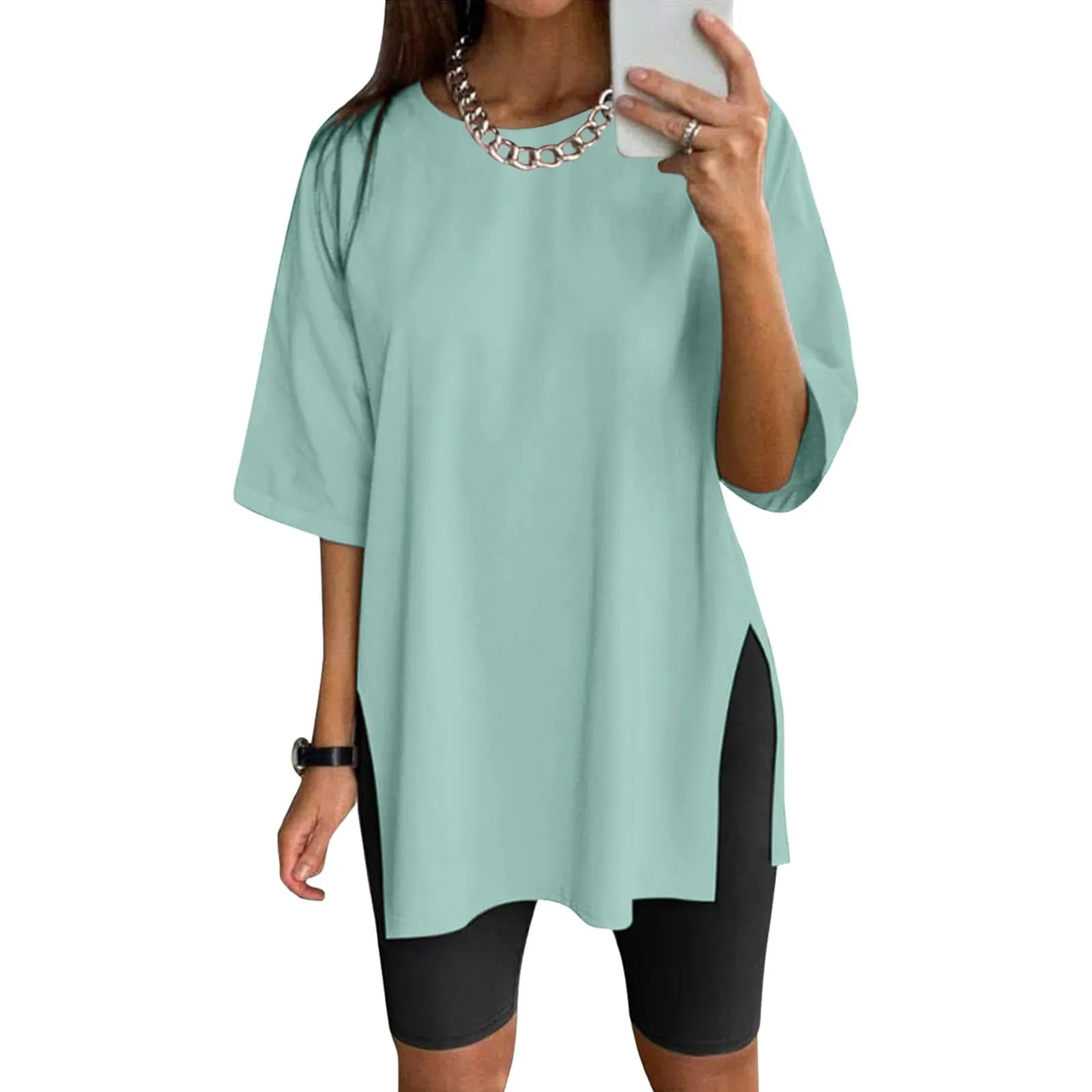Extra Long Tops Women Oversize Sports Short Sleeve Blouses Summer Loose Tops Crew Neck Solid Large Size Side Split Pullover - BACKUPMYFILESNOW
