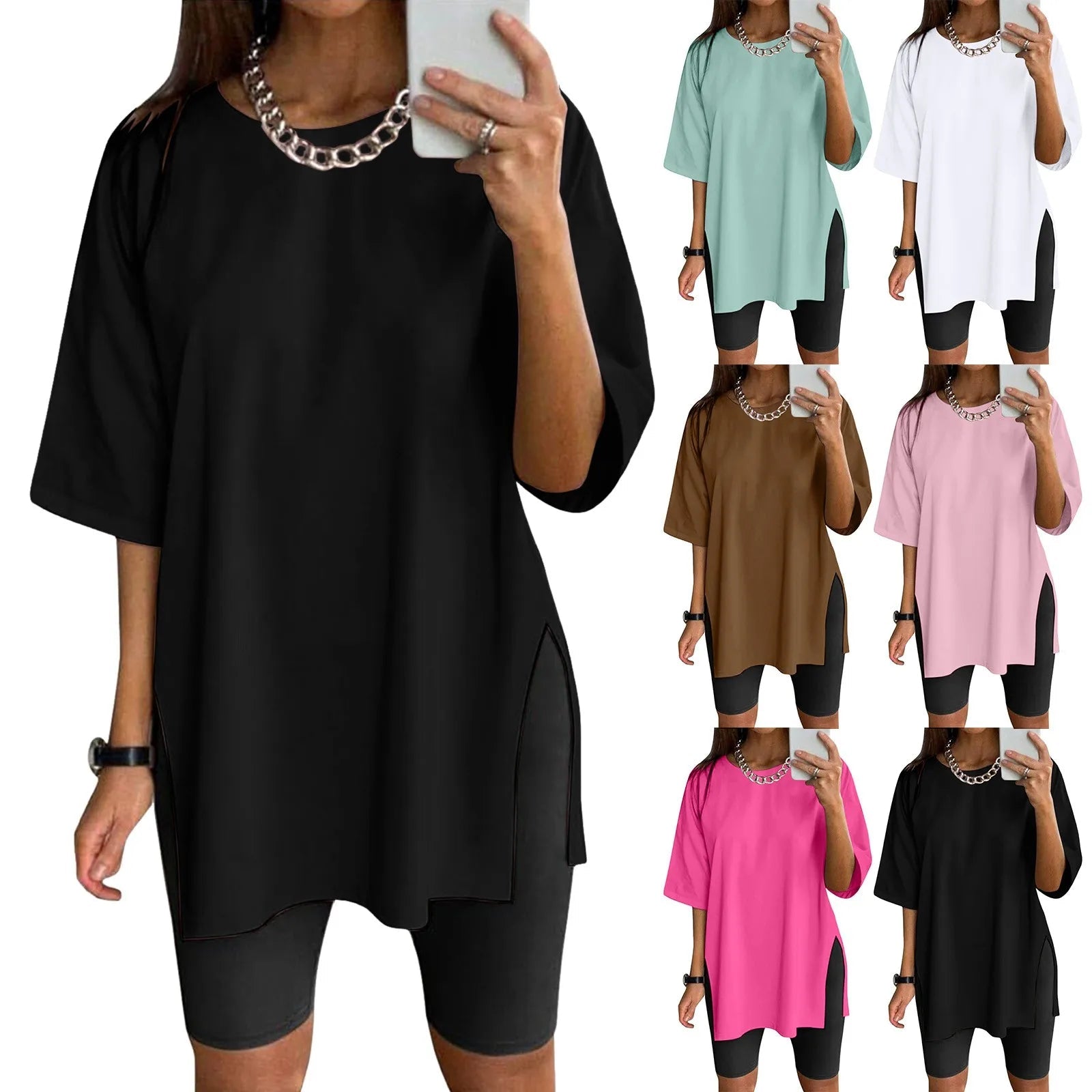 Extra Long Tops Women Oversize Sports Short Sleeve Blouses Summer Loose Tops Crew Neck Solid Large Size Side Split Pullover - BACKUPMYFILESNOW