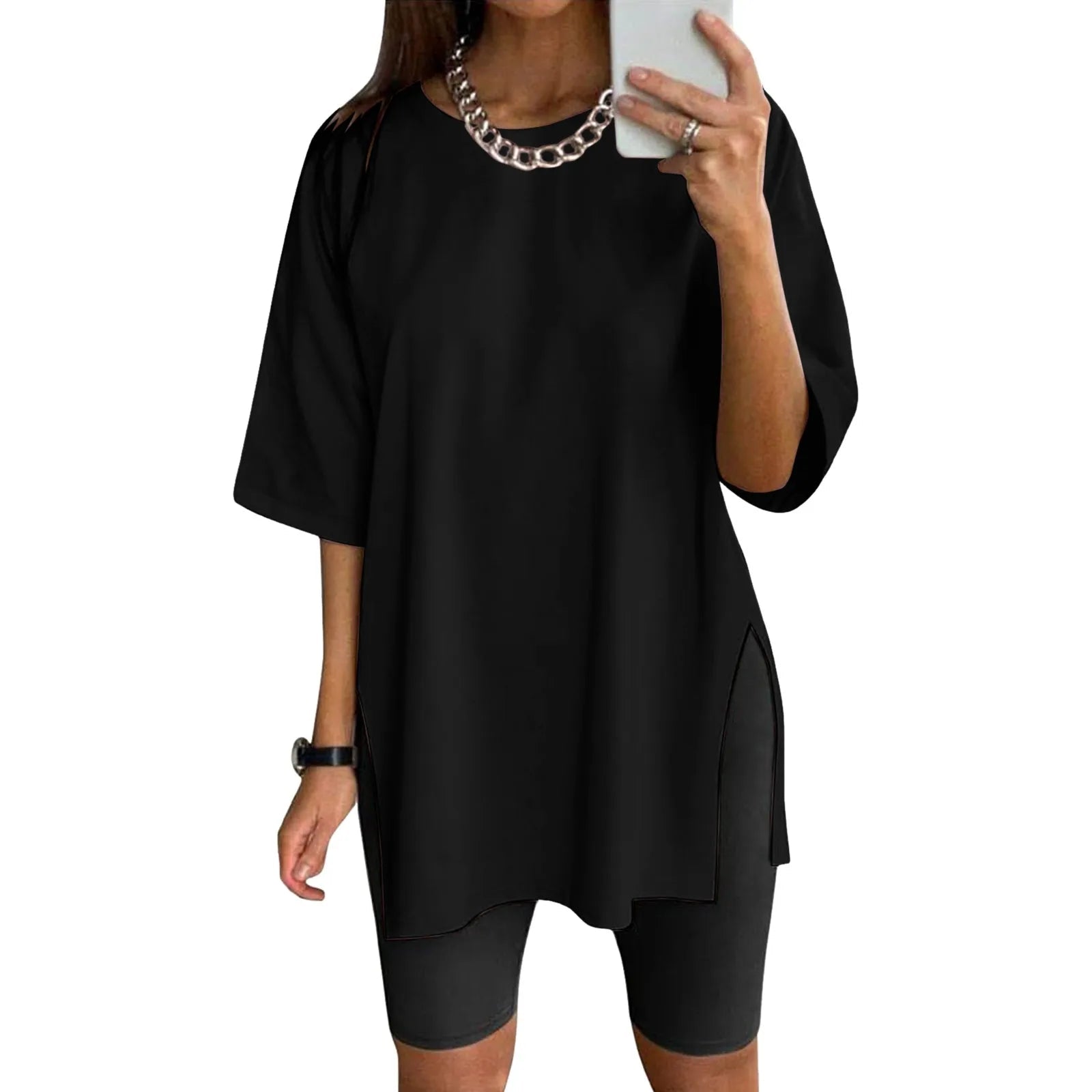 Extra Long Tops Women Oversize Sports Short Sleeve Blouses Summer Loose Tops Crew Neck Solid Large Size Side Split Pullover - BACKUPMYFILESNOW