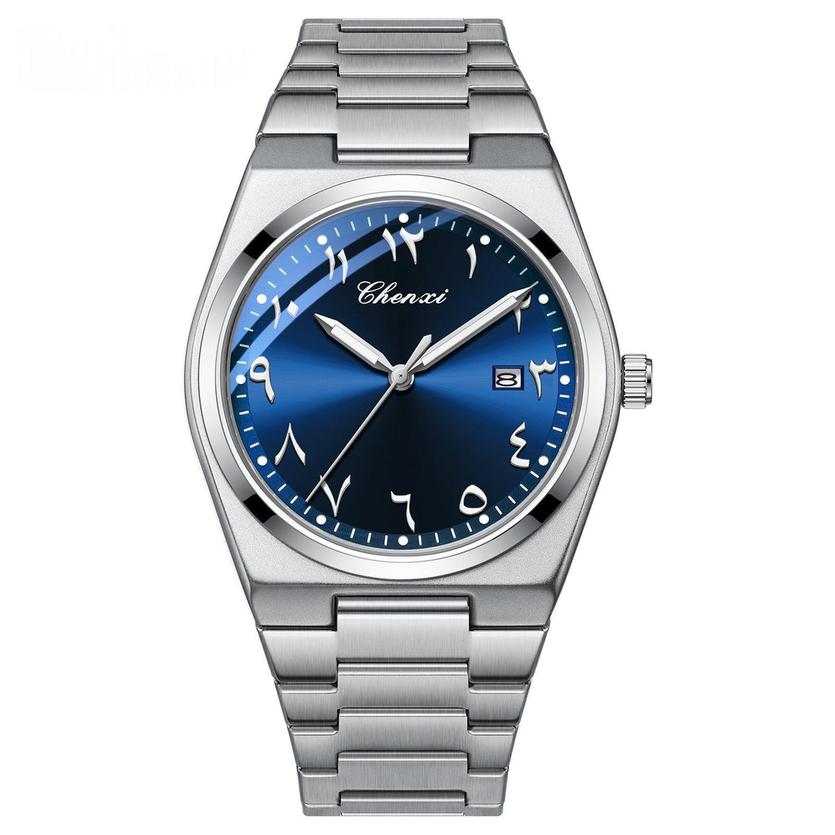 Men's luminous waterproof quartz watch with a dark dial and stainless steel case