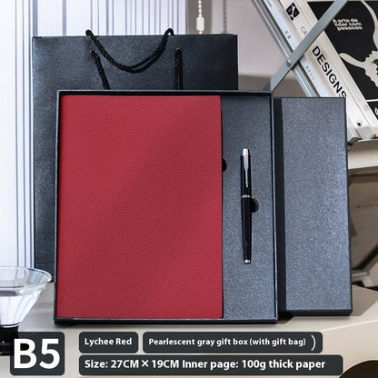 Litchi pattern soft leather covered notebook with textured cover, viewed from the front