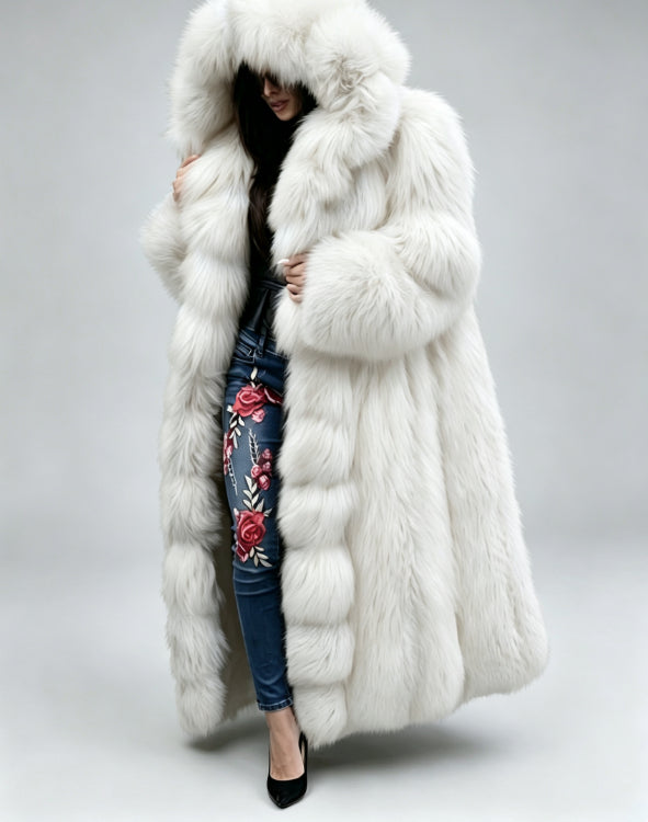 Women's long hooded faux fur coat in a soft textured design