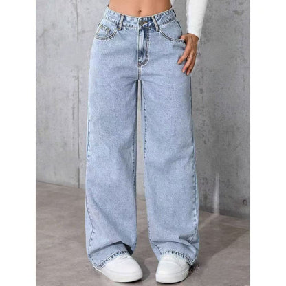 Draped floor-length black straight-leg jeans, front view
