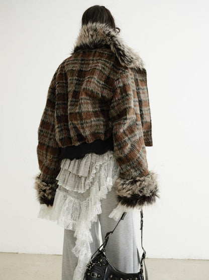 Women's reversible plaid PU leather jacket, showing plaid and faux leather sides
