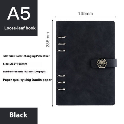 A5 loose-leaf removable notepad for business office meetings, showing refillable pages and notebook cover