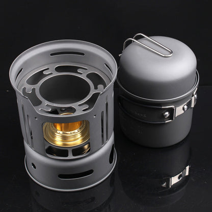 Small outdoor camping cookware set with compact pots and pans for outdoor cooking