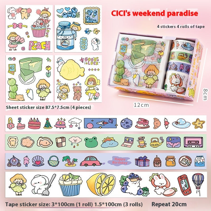 Cute tape sticker gift box with cartoon children's film stickers, colorful sticker sheets and rolls displayed("")]

//