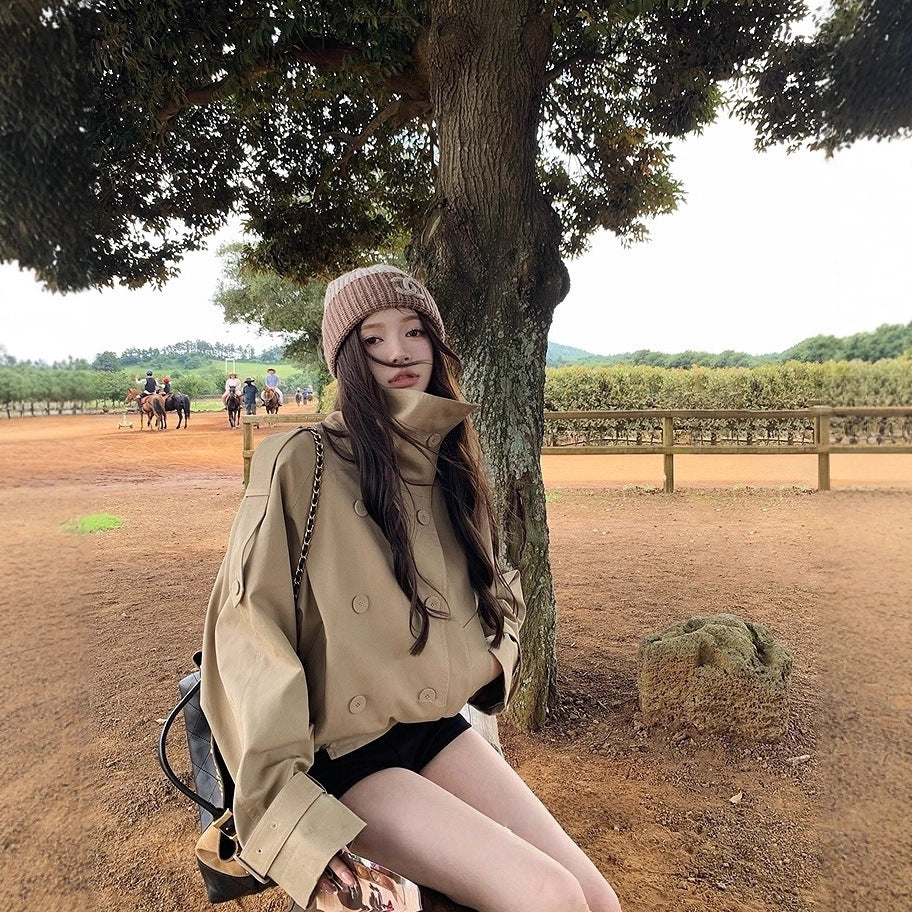 Women's double-breasted British-style short trench coat with stand-up collar
