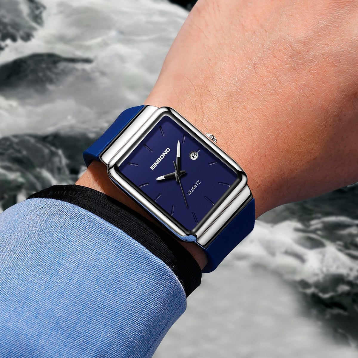 Sleek stylish waterproof men's watch with a modern design on display