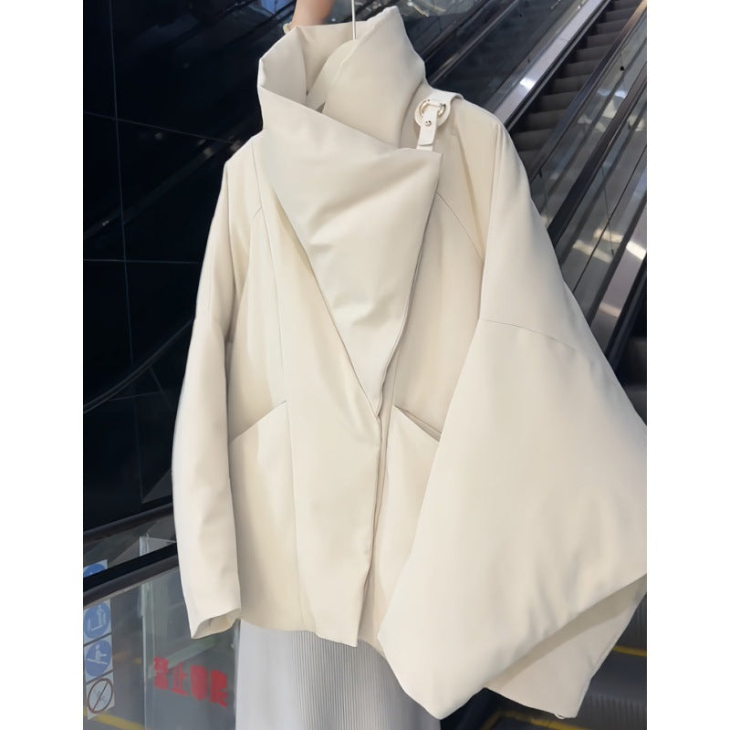 Women’s short cotton coat with large lapel and warm outerwear design