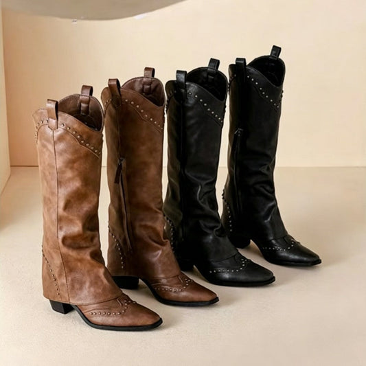 Retro pointed-toe rivet plus-size western boots in a classic leather-look design
