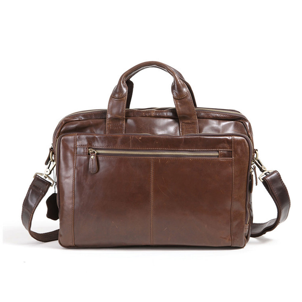 Men's first layer cowhide business briefcase computer bag in brown leather with top handles and shoulder strap