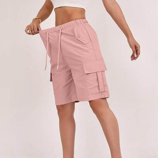 Women's high-waisted casual fashion shorts with pockets, buttons, and drawstring waistband
