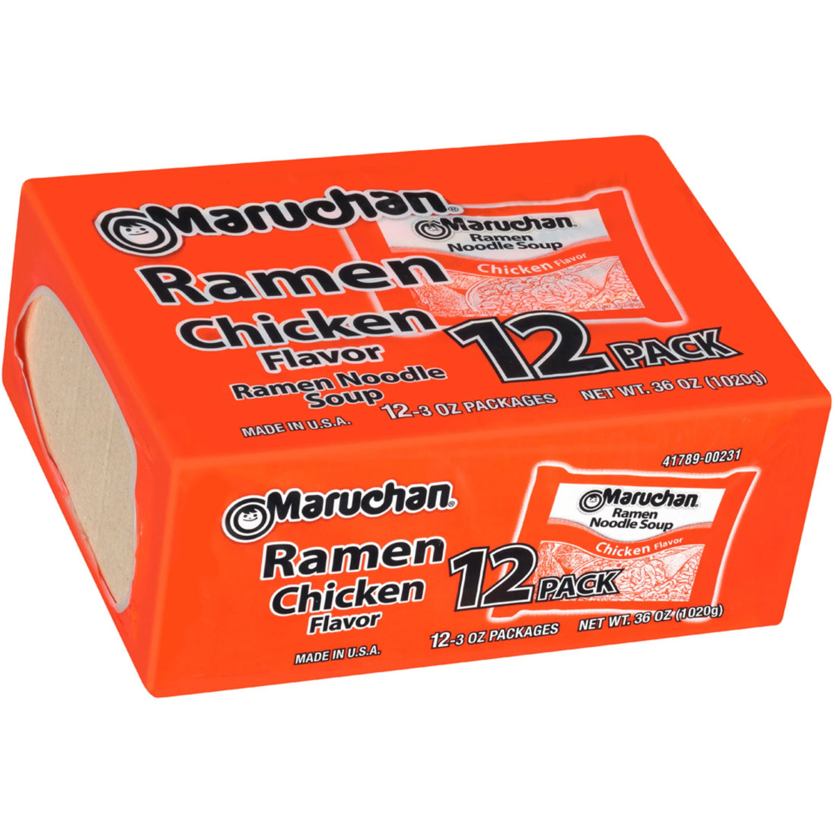 BackupMyFilesNow® chicken flavor instant ramen noodles pack with 12, 3 oz each, showing a bowl of cooked ramen with noodles and broth.