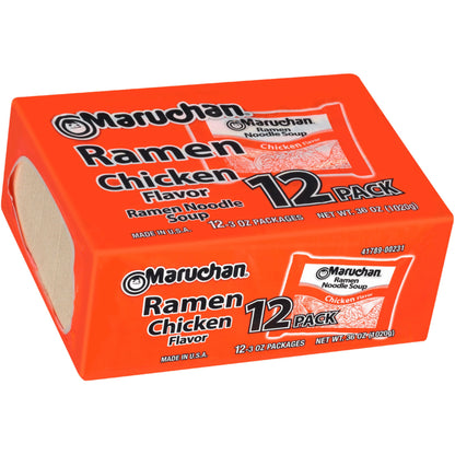BackupMyFilesNow® chicken flavor instant ramen noodles pack with 12, 3 oz each, showing a bowl of cooked ramen with noodles and broth.