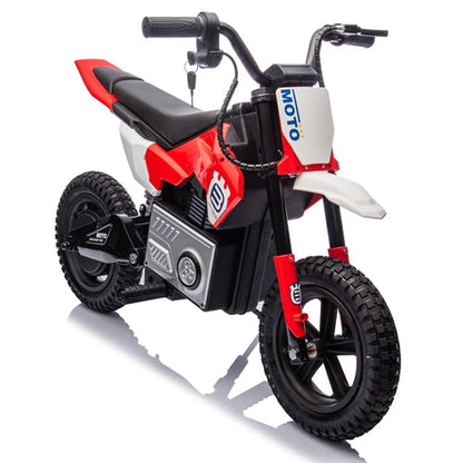 Kids riding a 24V electric motocross ride-on motorcycle by GBruno Store, designed for children ages 5-12, in a driveway.