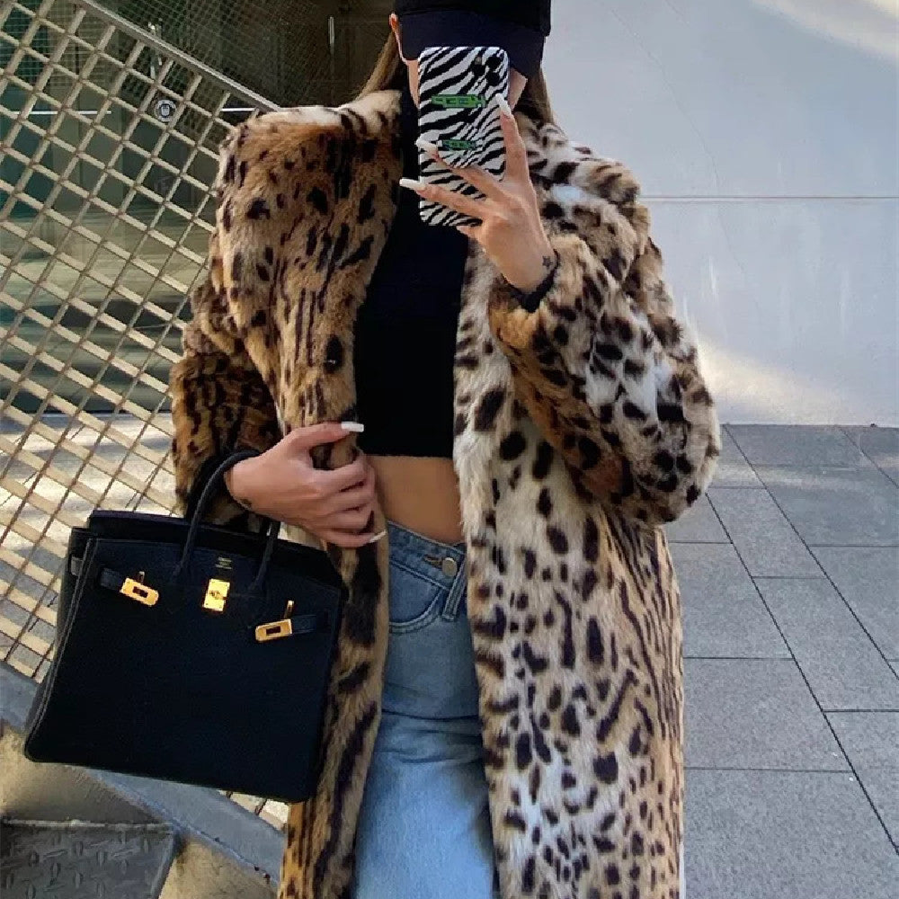 Women's leopard print faux fur coat, full-length front view
