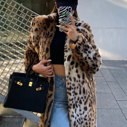 Women's leopard print faux fur coat, full-length front view