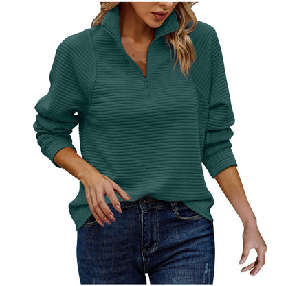 Loose solid-color stand-collar zipper sweatshirt with snake bone pattern for autumn and winter