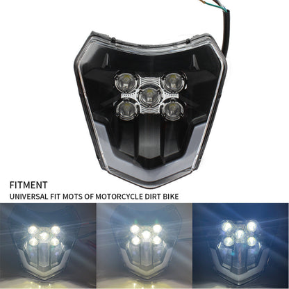 Motorcycle headlamp with five LED daytime running lamps in a compact black housing