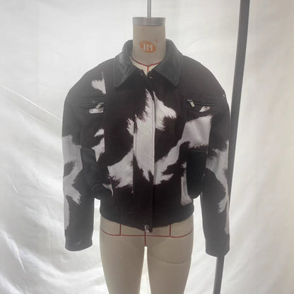 Street-style hoodless short cow-print jacket in a versatile design, front view