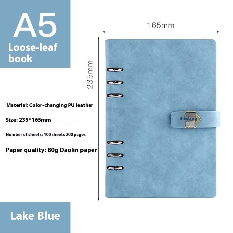 A5 loose-leaf removable notepad for business office meetings, shown open with lined pages and ring binding