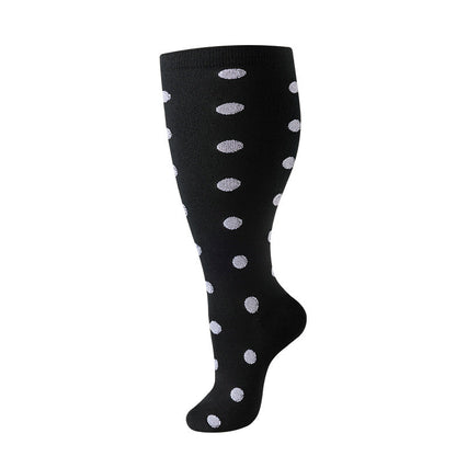 Plus-size nylon compression nurse socks for men and women in assorted colors and patterns