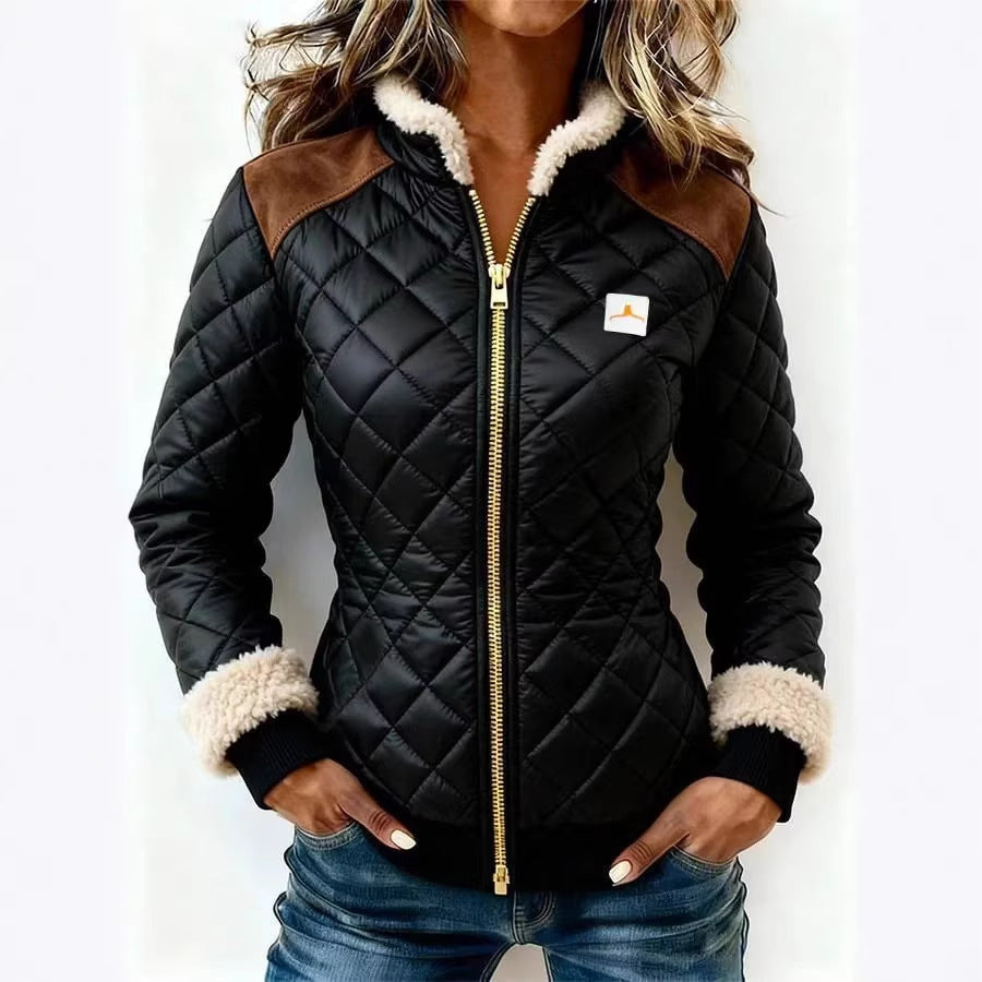 Women’s quilted jacket with fur trim and zipper closure, front view