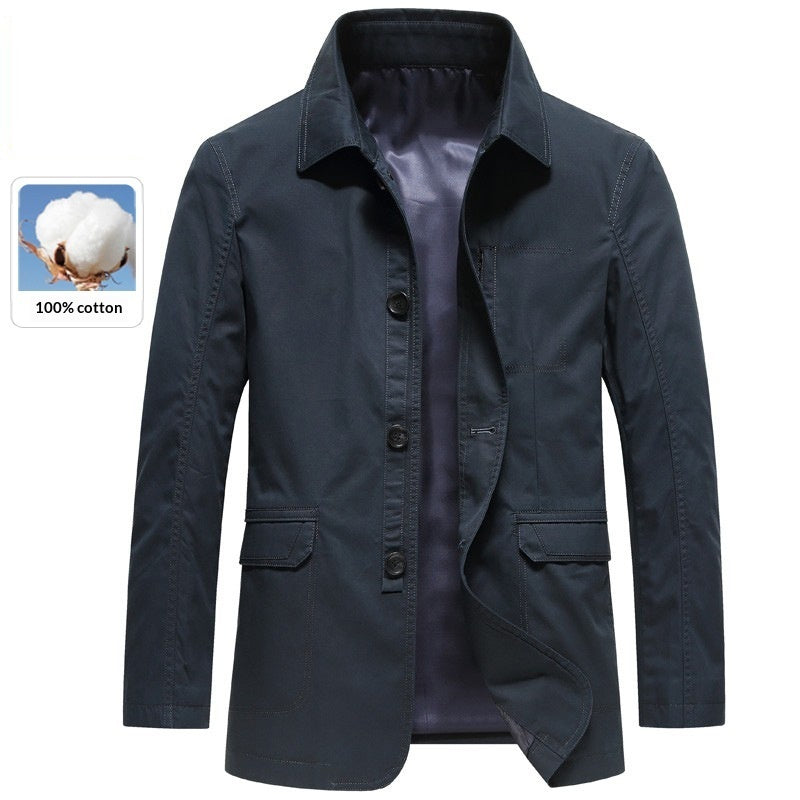 Dad-style loose-fitting button-up casual jacket in neutral tone with front pockets and long sleeves