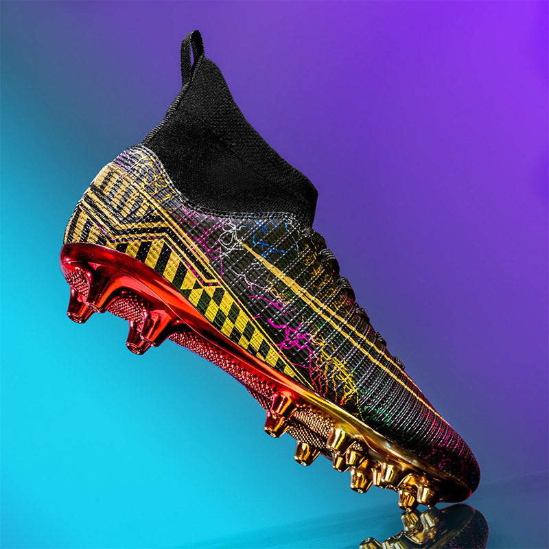 High-top gold-plated bottom soccer training shoes for male students on artificial grass
