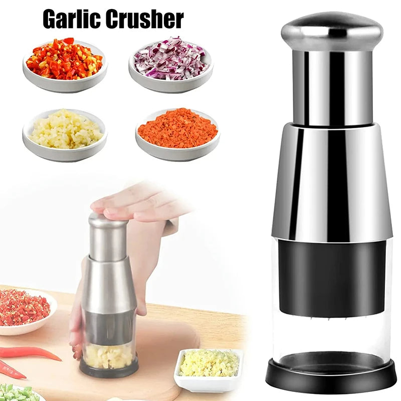 Manual garlic crusher and onion chopper vegetable press kitchen gadget in compact design