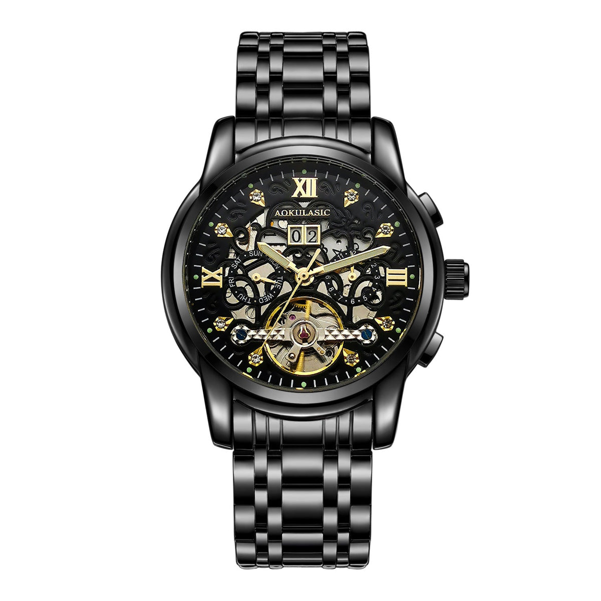 Men's large-rotor skeleton automatic mechanical watch with visible gears and detailed dial