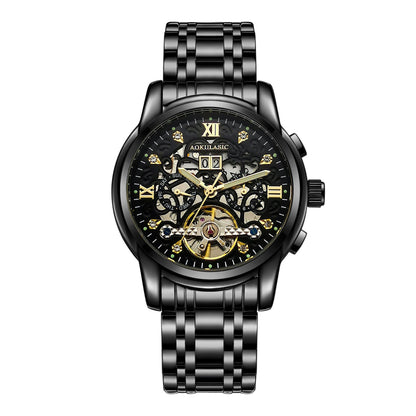 Men's large-rotor skeleton automatic mechanical watch with visible gears and detailed dial