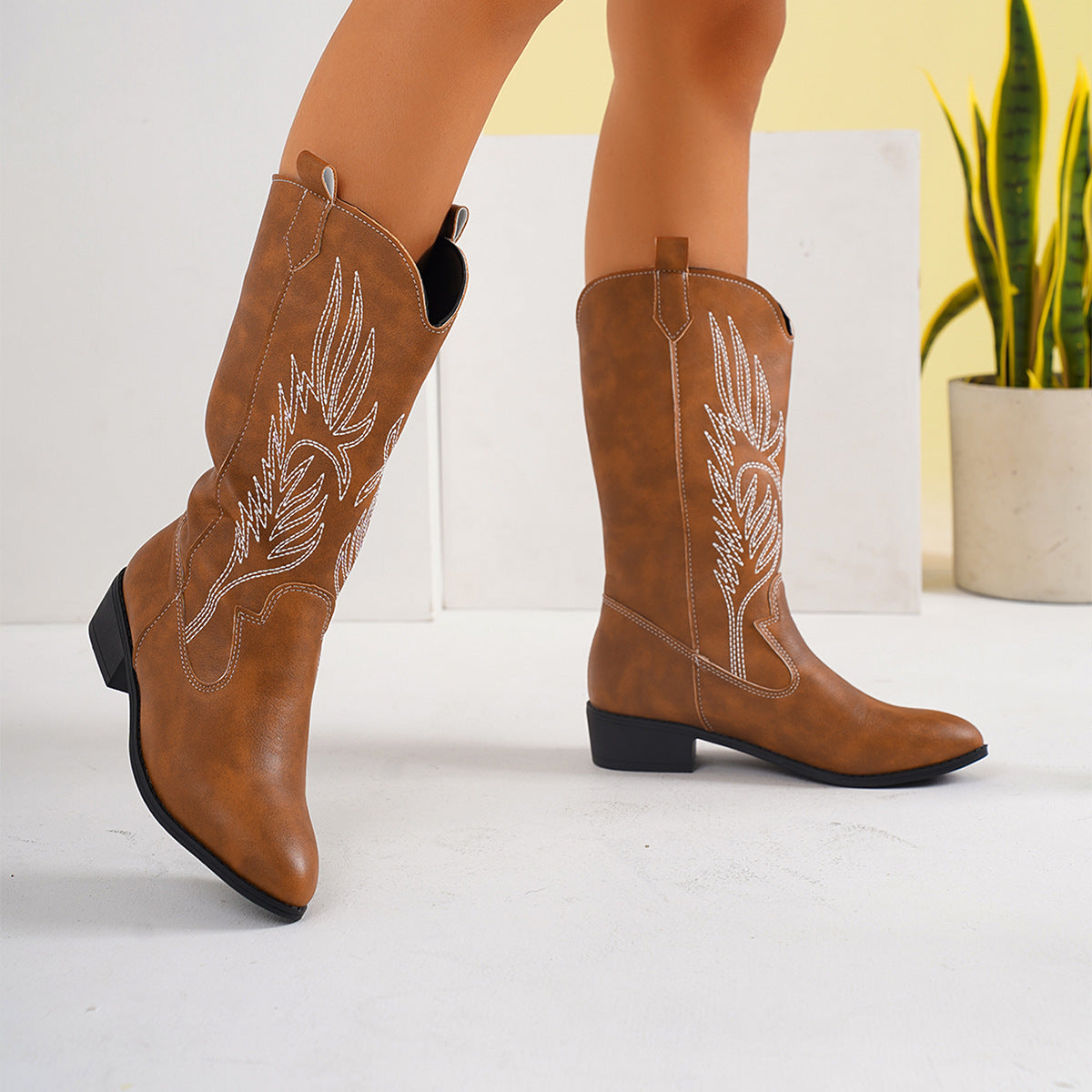 Plus-size women’s tall boots for fall and winter, cross-border style in black leather with side zipper