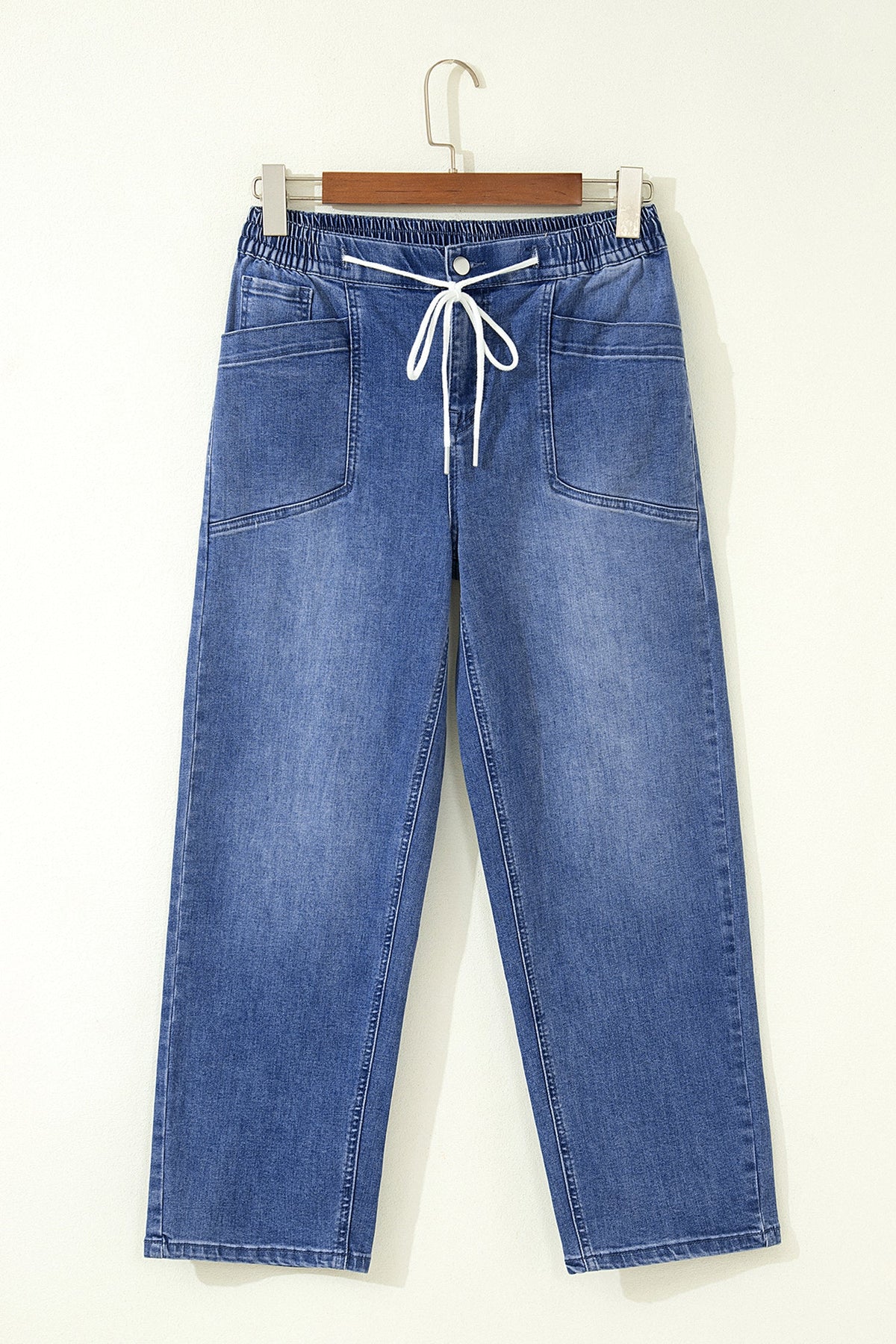 Light blue Mylah Length casual jeans by Threaded Pear displayed on a model, showcasing a relaxed fit and classic denim style.