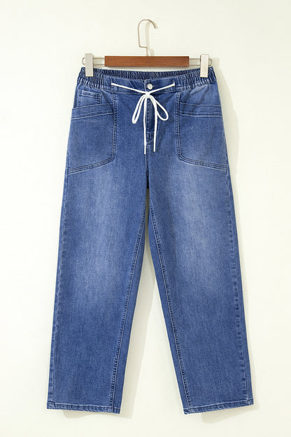 Light blue Mylah Length casual jeans by Threaded Pear displayed on a model, showcasing a relaxed fit and classic denim style.