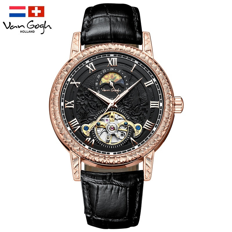 VAN GOGH automatic mechanical men's watch with Yaojin sunflower dial and visible timepiece details
