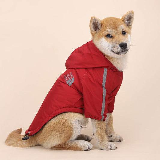 Fashion dog shell jacket in durable outdoor fabric, side view for pet clothing product display