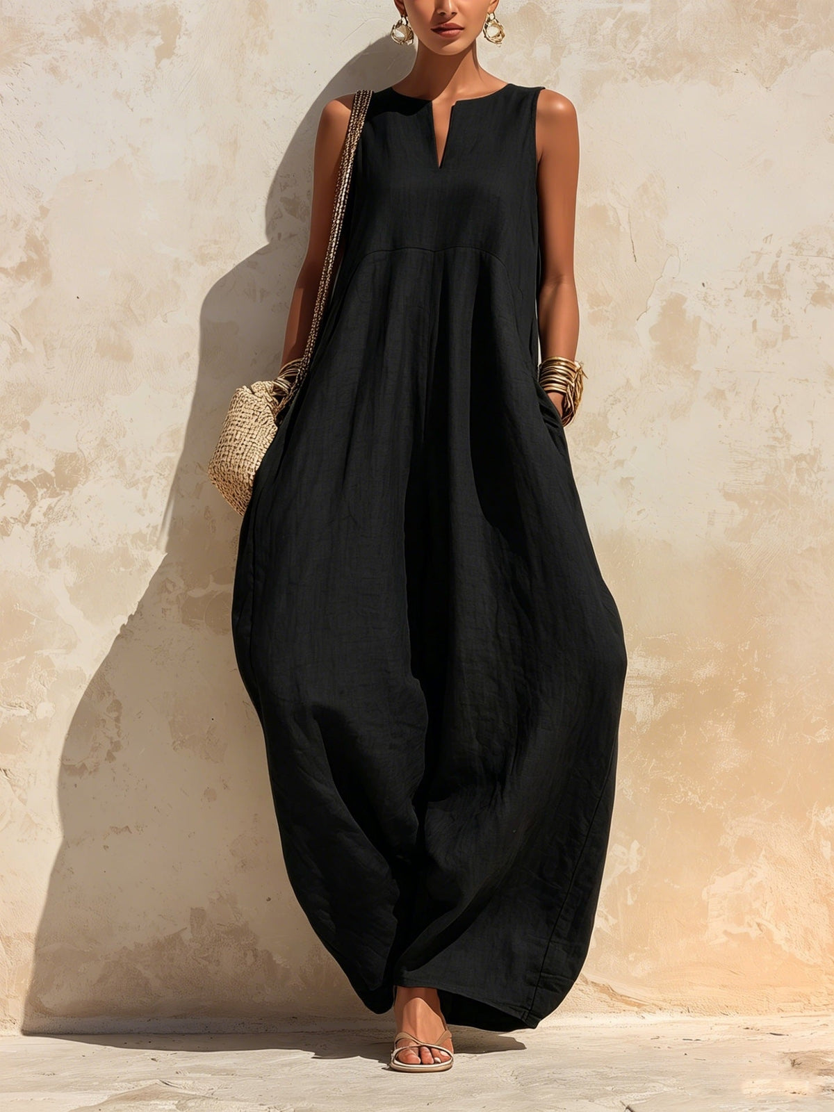 Elegant chic wide-leg jumpsuit for women, full-length silhouette with a flowing fit