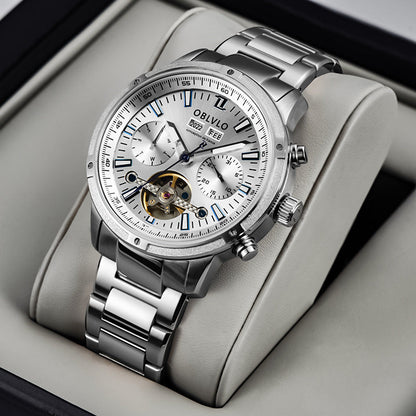 Men's multi-functional hollowed fashion watch with intricate skeleton dial and metal strap