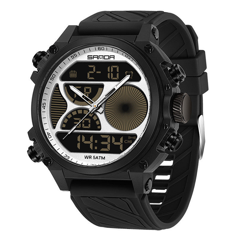 Men's outdoor sports waterproof watch with rugged design, large dial, and dual display