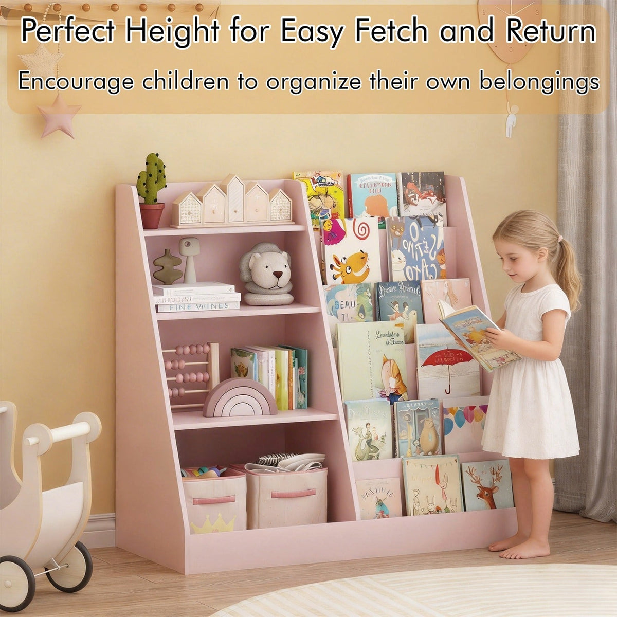 Multi-tier kids bookshelf with toy storage organizer in natural wood finish, 34.65 inches tall, by GBruno Store