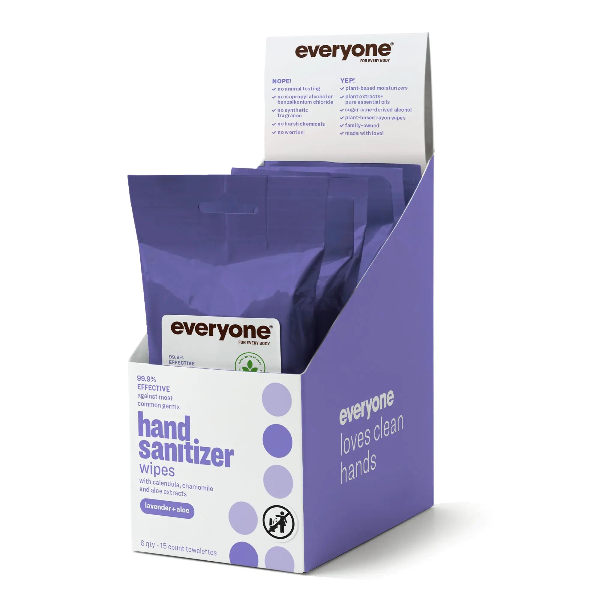 Everyone Hand Sanitizer Wipes 15 Wipes (Pack of 6) Lavender and Aloe Plant Derived Alcohol with Pure Essential Oils