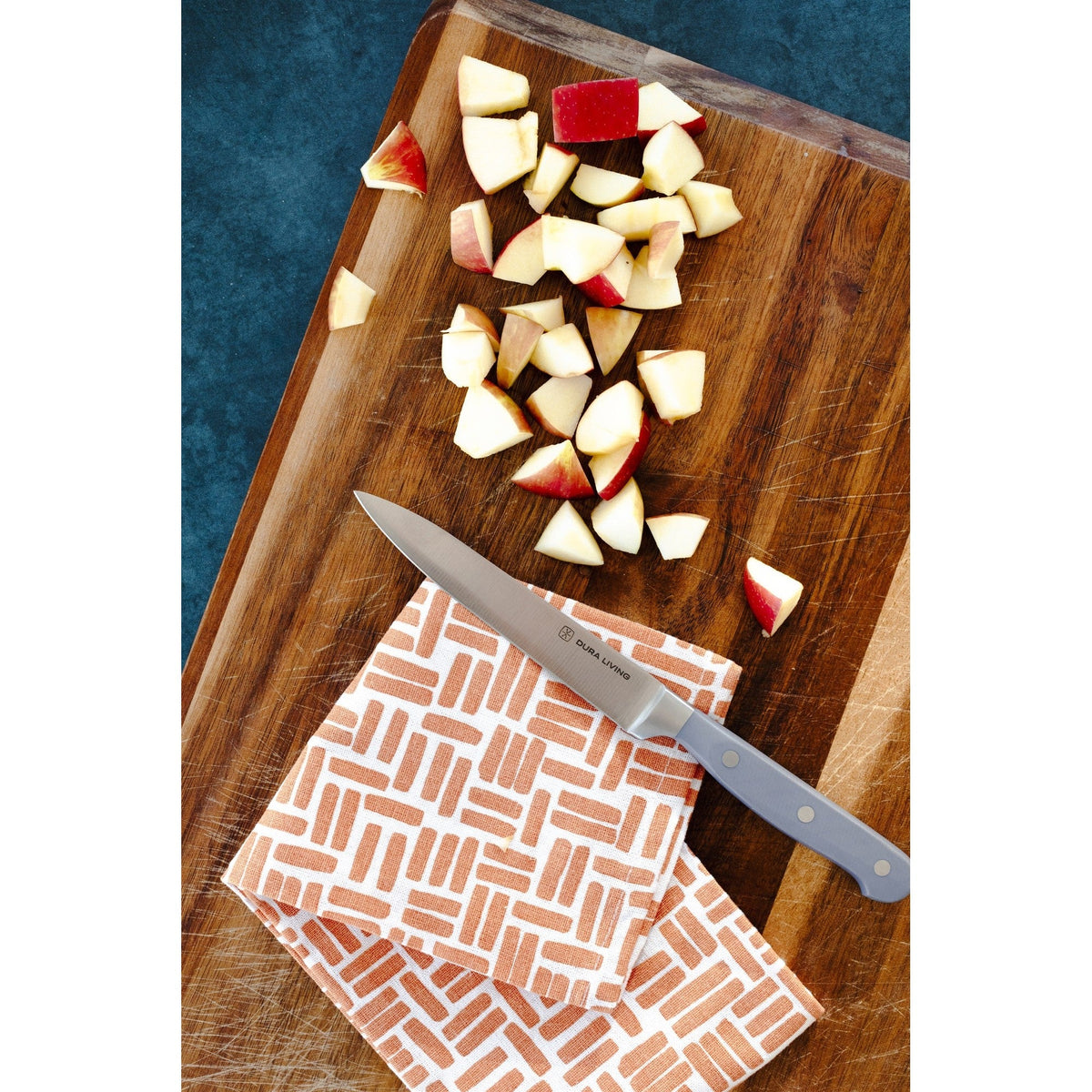 Dura Living Superior 2-piece gray kitchen knife set with stainless steel blades on a wooden cutting board.